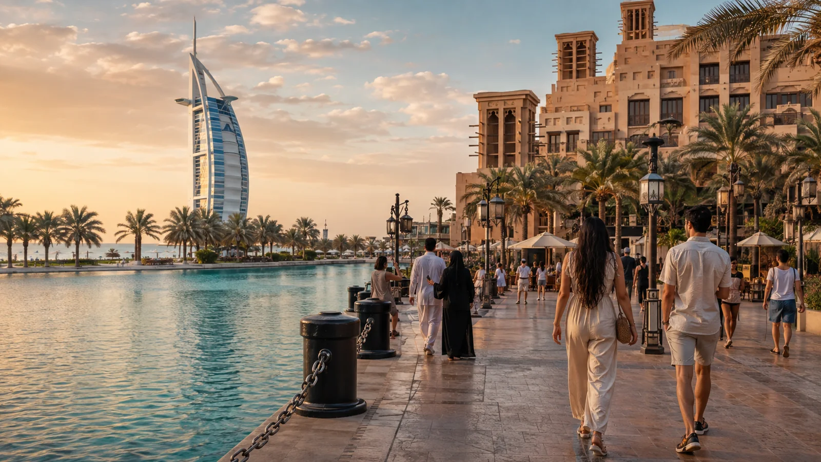Travellers exploring a Dubai waterfront with modern architecture and heritage-inspired surroundings