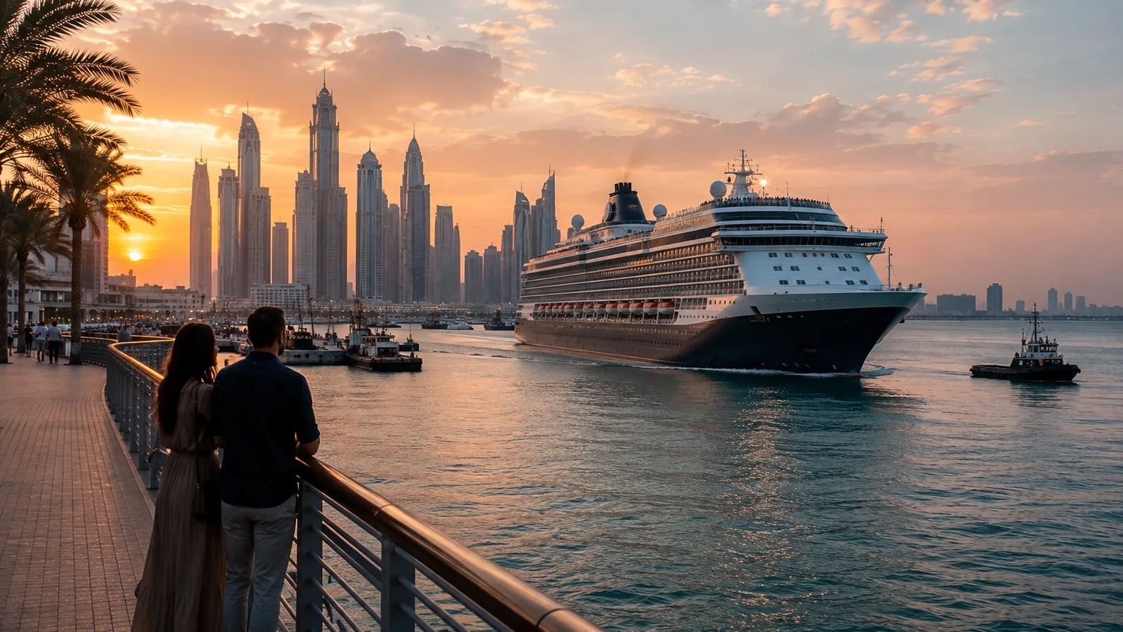 Modern cruise ship sailing through a Dubai harbour at sunset