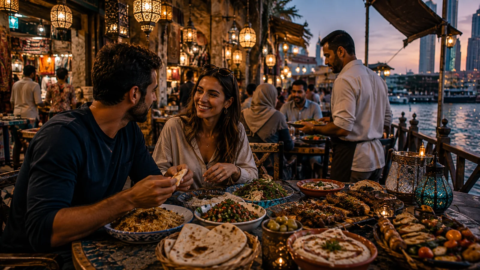 Travellers enjoying local food at a Dubai neighbourhood restaurant