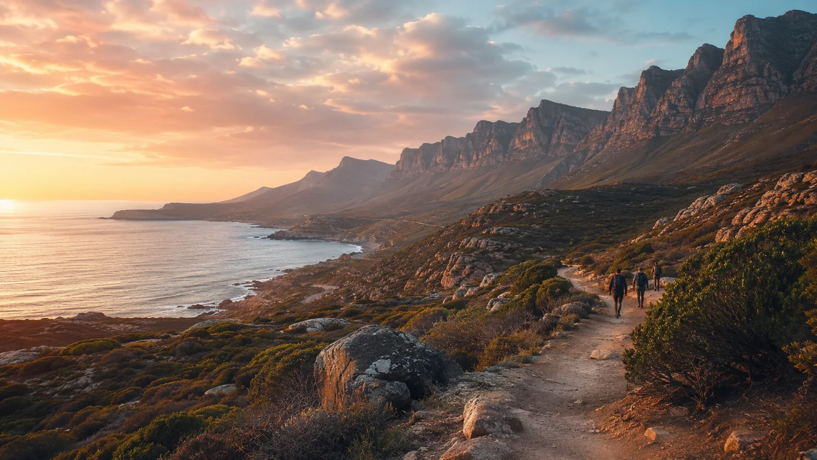 Travellers hiking through a scenic natural landscape