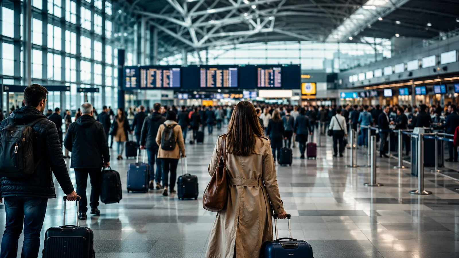 International travellers moving through a modern transport hub
